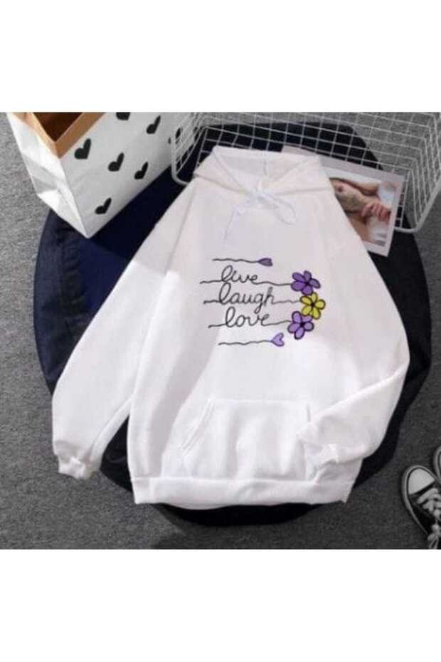 Unisex White 3 Thread Raster Oversize Hooded Sweatshirt Basic Comfortable Cut