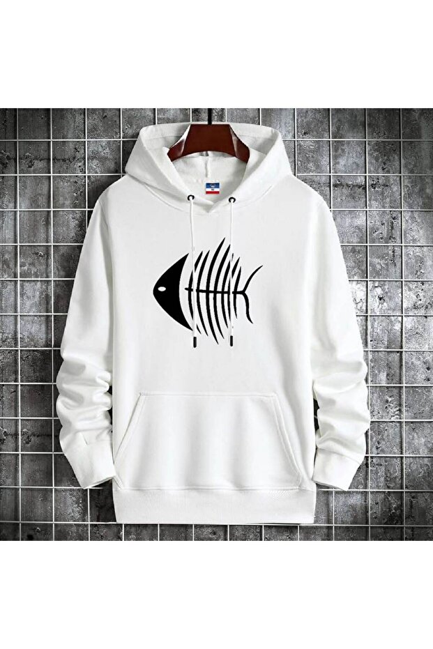 Unisex White 3 Thread Raster Oversize Hooded Sweatshirt Basic Comfortable Cut