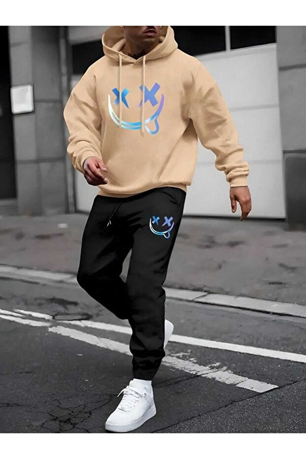 Unisex Beige Low Shoulder Oversize Hooded Casual Sweatshirt with Kangaroo Pocket