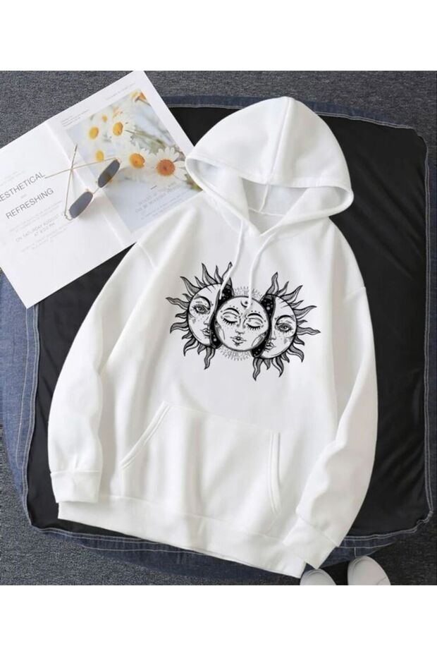 Unisex White Kangaroo Pocket Thick Fabric Oversize Hooded Sweatshirt Hoodie