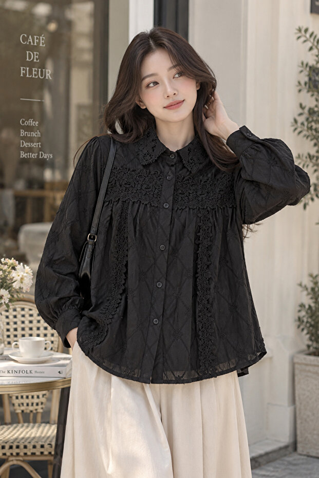 Women’s Lace Embroidered Collared Blouse – Long Sleeve