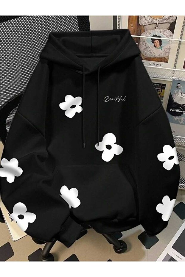 Unisex Black Kangaroo Pocket Thick Fabric Oversize Hooded Sweatshirt Hoodie