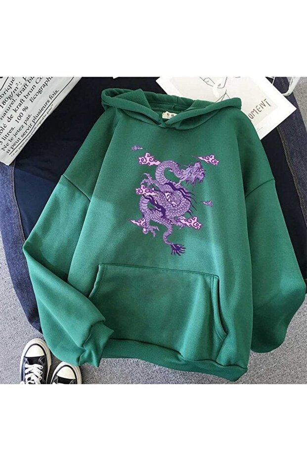Unisex Green Streetwear Oversize Hooded Casual Cotton Sweatshirt with Pockets