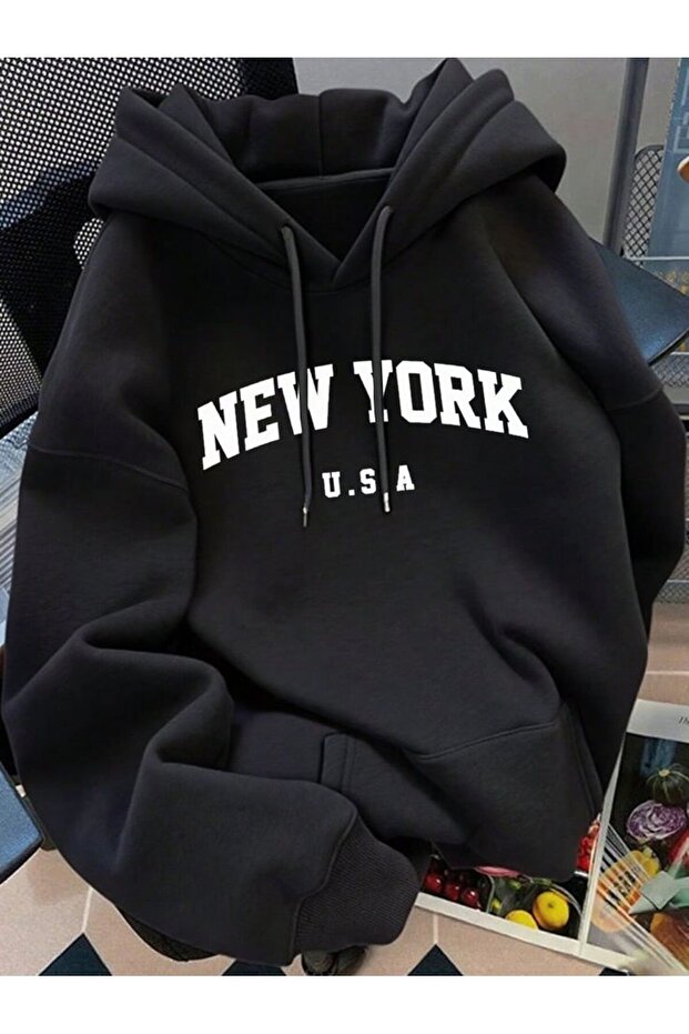 Unisex Black Oversize Hooded Sweatshirt with Kangaroo Pocket, 3 Thread Raster Hoodie