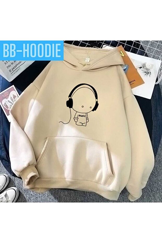 Unisex Beige Relaxed Fit Hooded Kangaroo Pocket Thick Sweatshirt