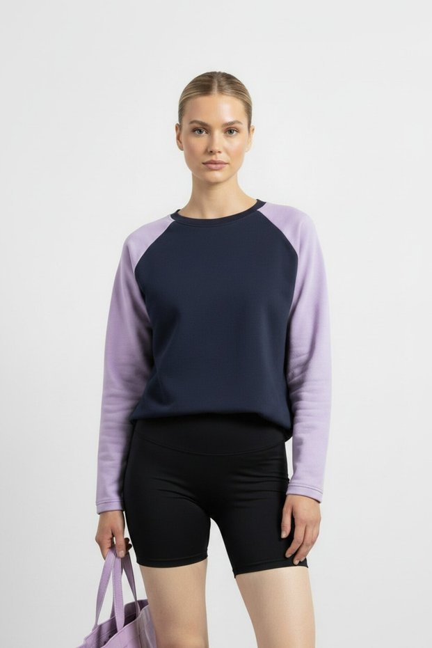 Navy Blue Crew Neck Raglan Sleeve Two-Tone Relaxed Fit Cotton Sweatshirt