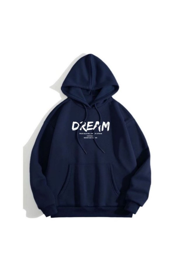Unisex Navy Blue Relaxed Fit Hooded Kangaroo Pocket Thick Sweatshirt