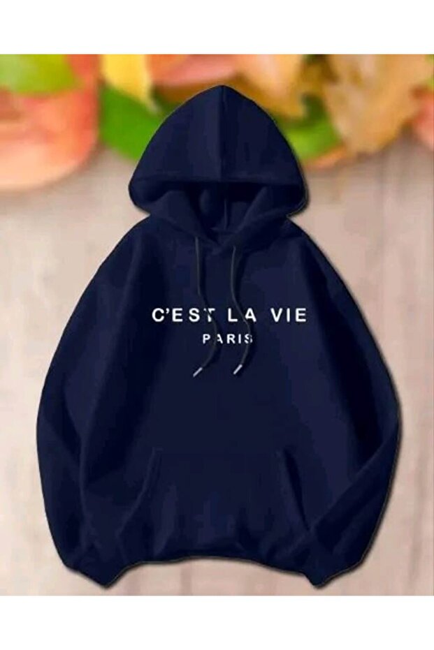 Unisex Navy Blue Oversize Hooded Sweatshirt with Kangaroo Pocket, 3 Thread Raster Hoodie