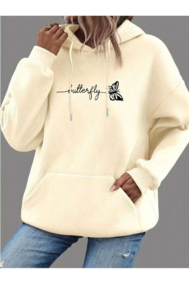 Unisex Beige Loose Cut Hooded Sweatshirt with Inner Pockets Warm Hoodie