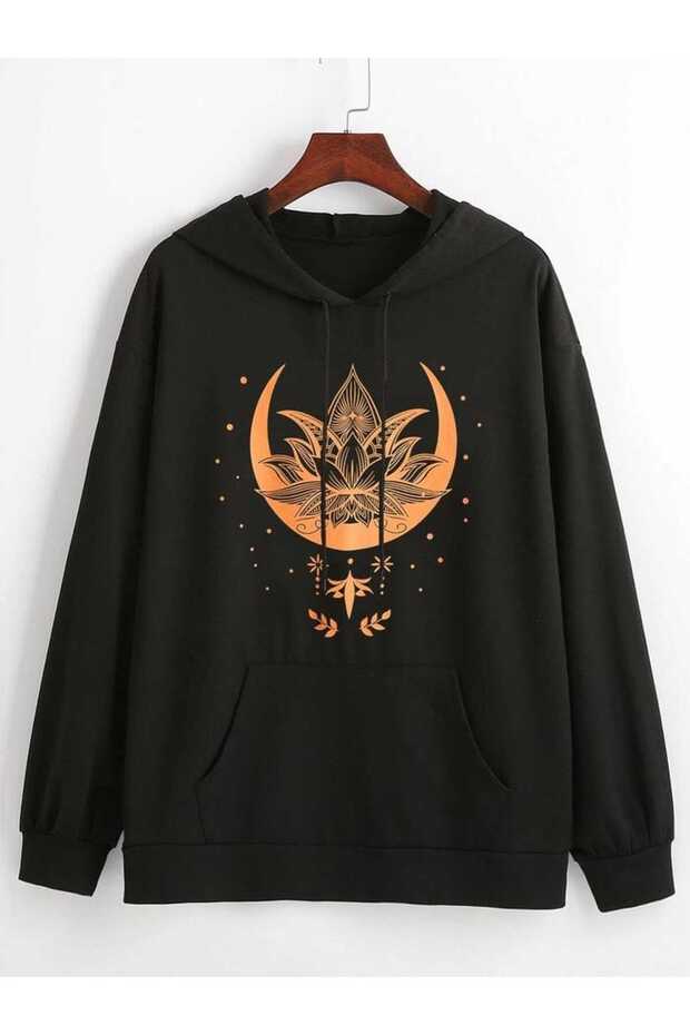 Unisex Black Off-Shoulder Oversize Hooded Casual Sweatshirt with Kangaroo Pocket