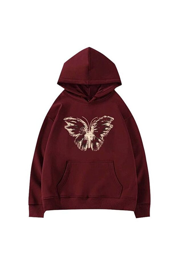 Unisex Red Relaxed Fit Hooded Kangaroo Pocket Thick Sweatshirt