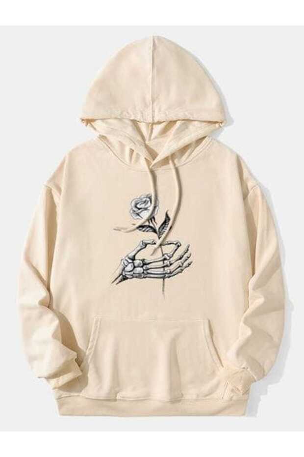 Unisex Beige Hooded Oversize Sweatshirt Comfortable Fit Cotton with Fleece Inside