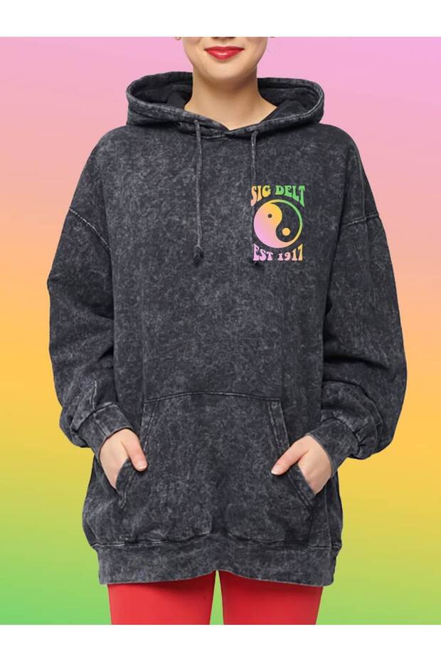 Unisex Anthracite Vintage Effect Washed 3 Thread Hooded Sweatshirt Relaxed Fit