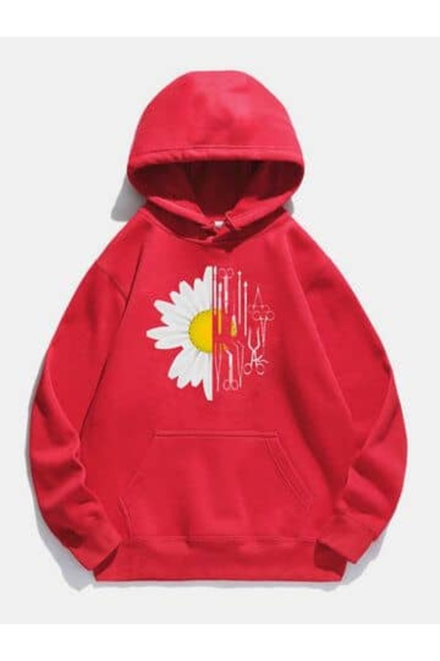 Unisex Red Relaxed Fit Hooded Kangaroo Pocket Thick Sweatshirt