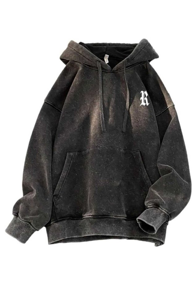 Unisex Anthracite Washed Relaxed Cut Kangaroo Pocket Hooded Streetwear Hoodie