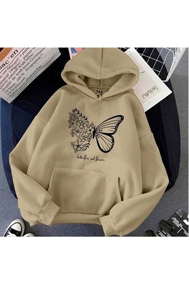 Unisex Beige 3 Thread Threaded Oversize Hooded Sweatshirt Basic Comfortable Cut