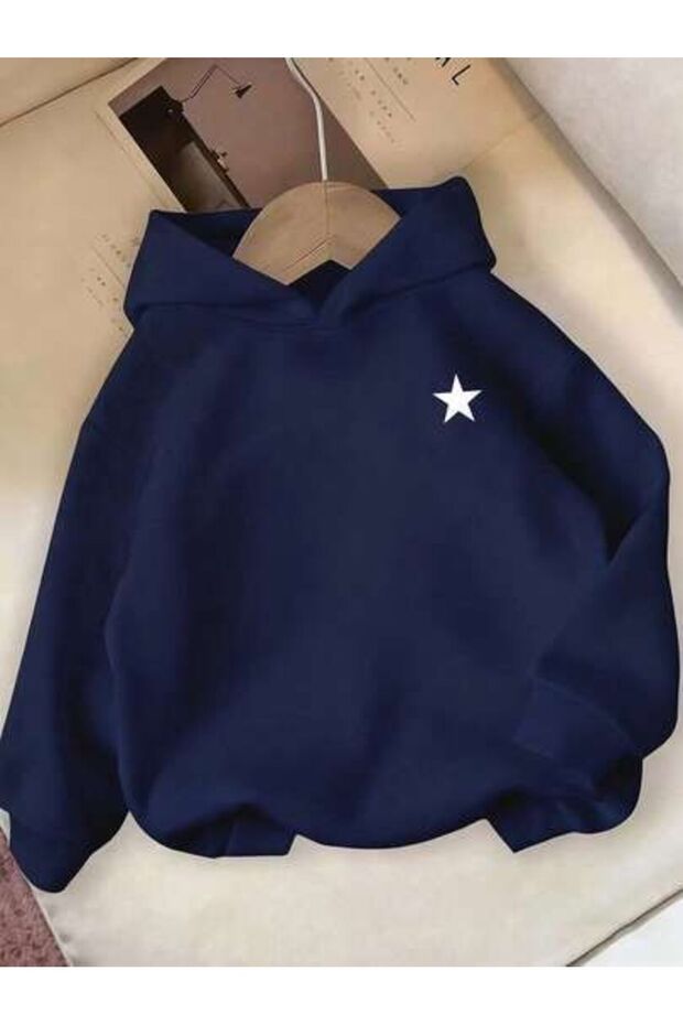 Unisex Navy Blue 3 Thread Threaded Oversize Hooded Sweatshirt Basic Comfortable Cut