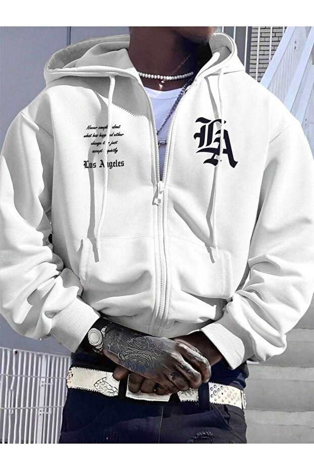 Unisex White Oversize Hooded Sweatshirt with Kangaroo Pocket, 3 Thread Raster Hoodie