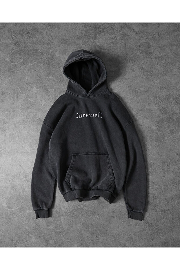 Unisex Anthracite Acid Wash Effect Washed Oversize Hoodie Thick Fabric