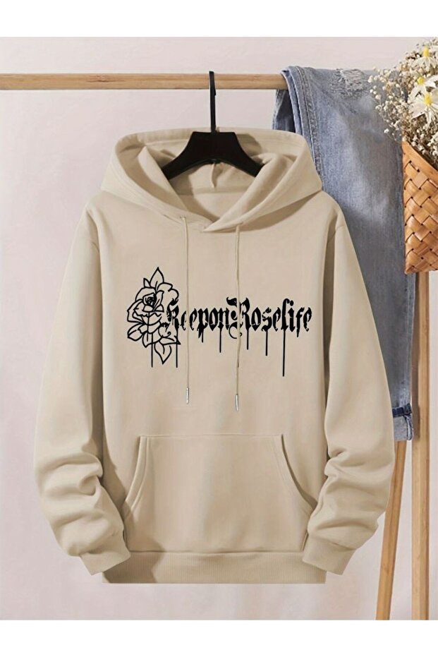 Unisex Beige Hooded Oversize Sweatshirt Comfortable Fit Cotton with Fleece Inside