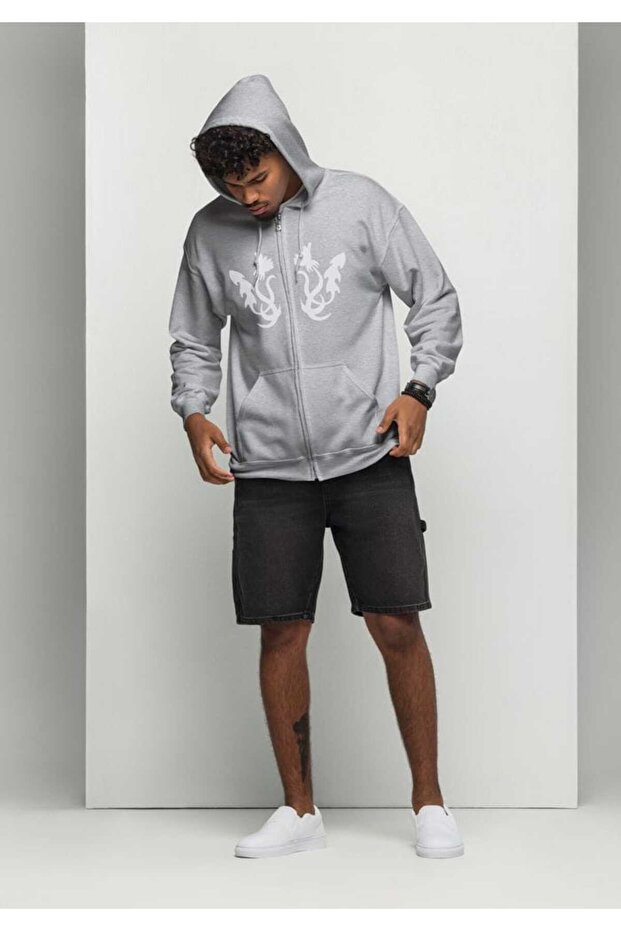 Unisex Gray Relaxed Fit Hooded Kangaroo Pocket Thick Sweatshirt