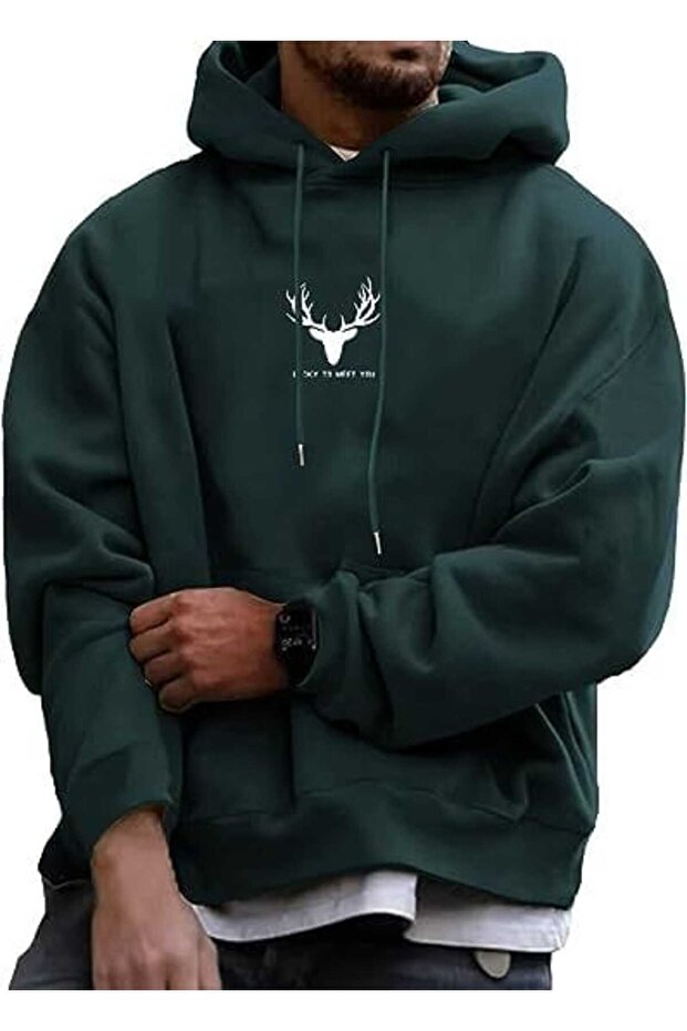Unisex Green 3 Thread Threaded Oversize Hooded Sweatshirt Basic Comfortable Cut
