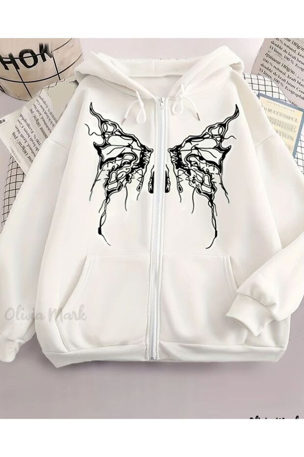 Unisex White 3 Thread Raster Oversize Hooded Sweatshirt Basic Comfortable Cut