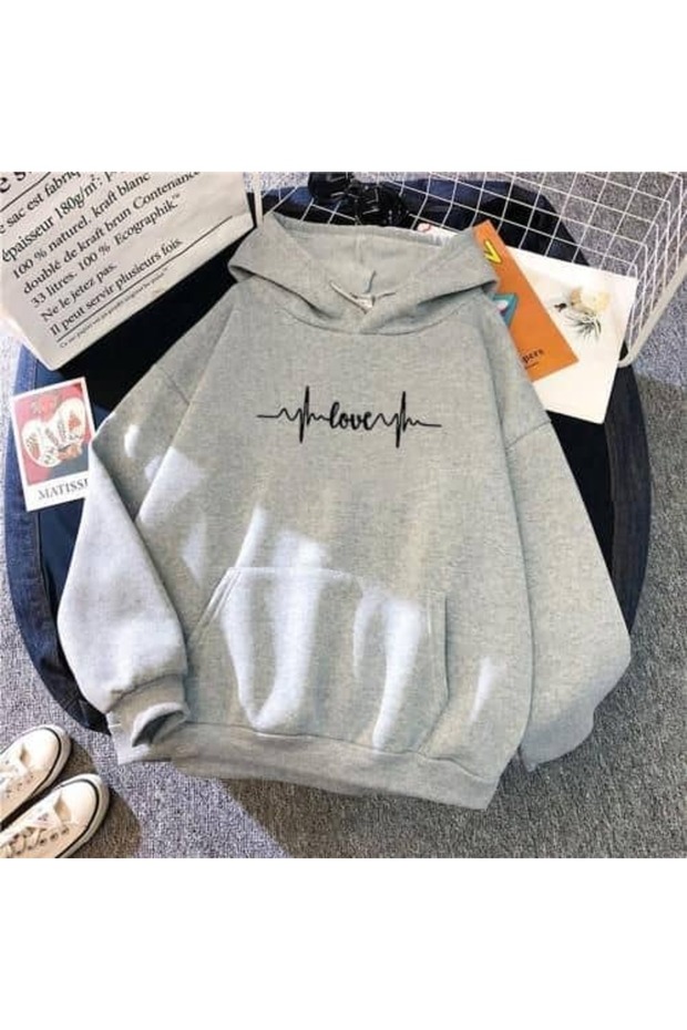 Unisex Gray Loose Fit Hooded Sweatshirt with Inner Pockets, Warm Hoodie