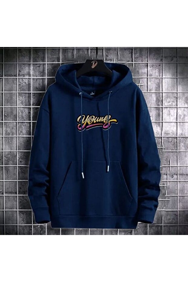 Unisex Navy Blue Hooded Oversize Sweatshirt Comfortable Fit Cotton with Fleece Inside