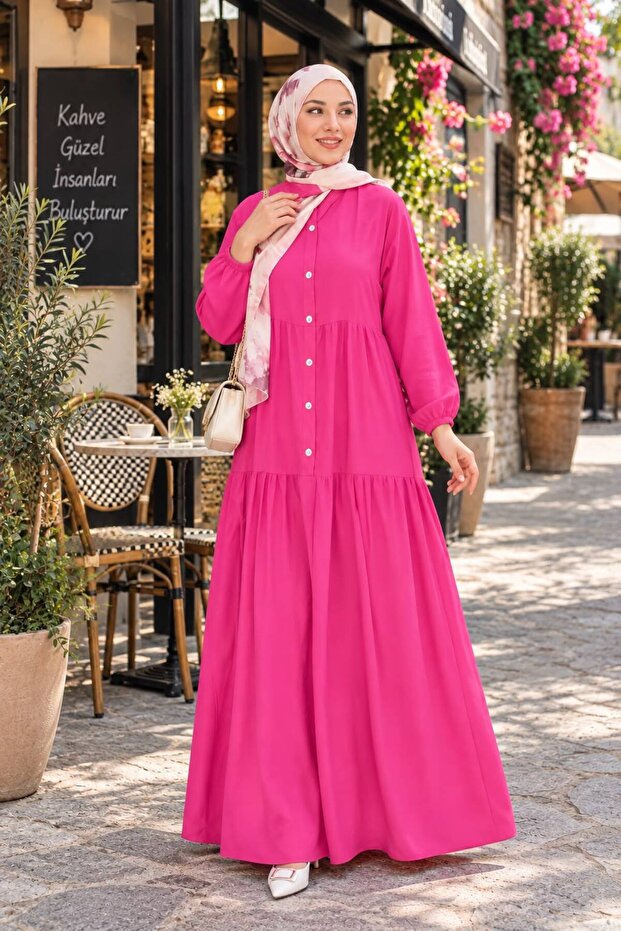Haki̇m Collar Half Buttoned Alaçati Model Tesettür Plain Viscose Dress
