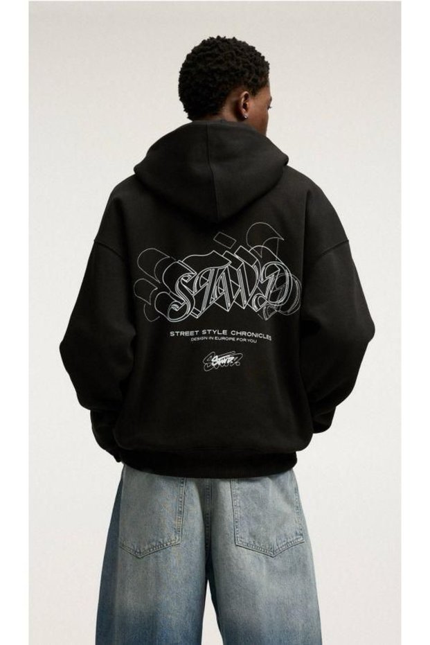 Unisex Anthracite Vintage Effect Washed 3 Thread Hooded Sweatshirt Relaxed Fit