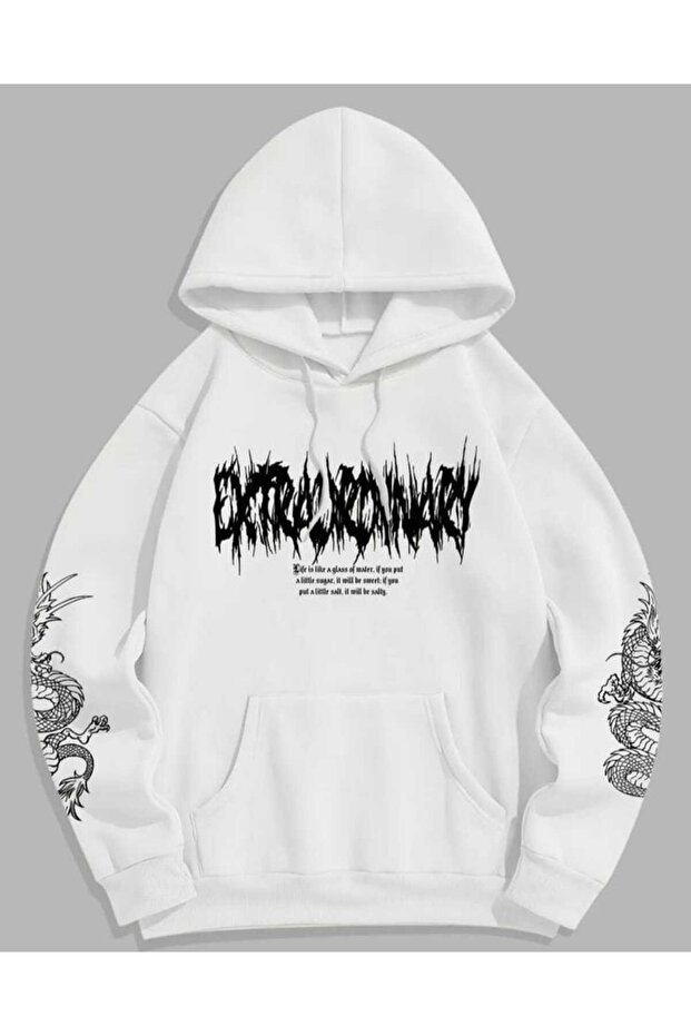 Unisex White Relaxed Fit Hooded Kangaroo Pocket Thick Sweatshirt