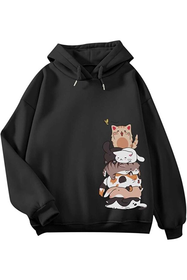 Unisex Black Kangaroo Pocket Thick Fabric Oversize Hooded Sweatshirt Hoodie