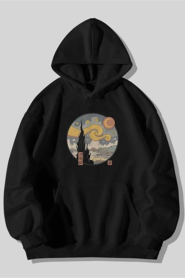 Unisex Black Kangaroo Pocket Thick Fabric Oversize Hooded Sweatshirt Hoodie
