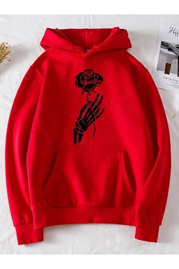 Unisex Red Streetwear Oversize Hooded Casual Cotton Sweatshirt with Pockets