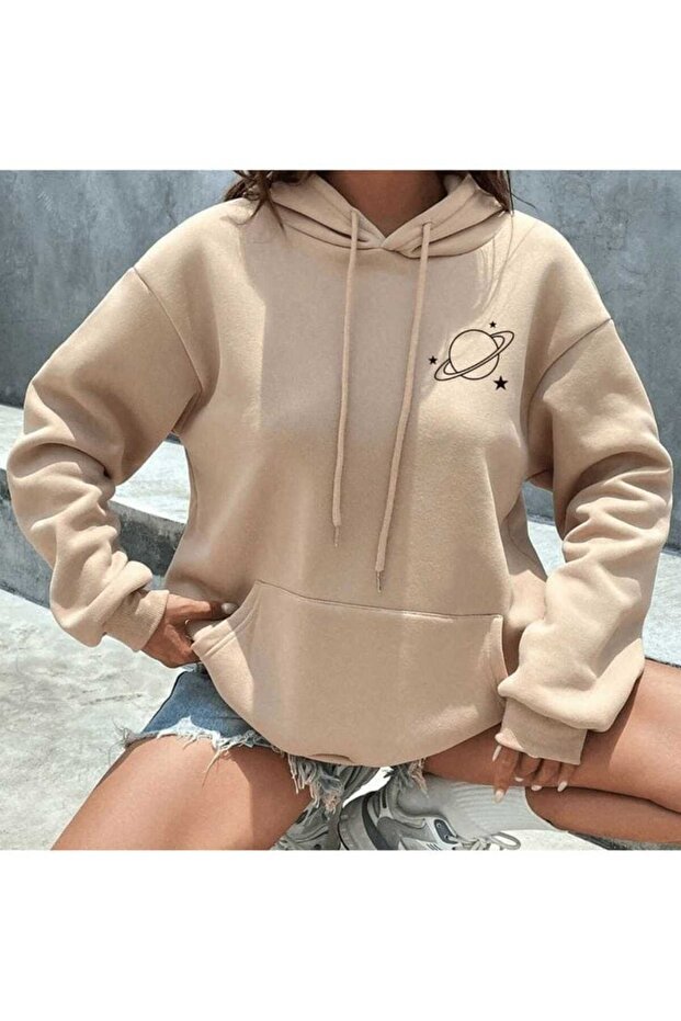 Unisex Beige Streetwear Oversize Hooded Casual Cotton Sweatshirt with Pockets