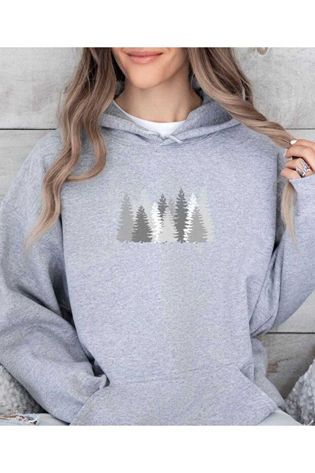 Unisex Gray Low Shoulder Oversize Hooded Casual Sweatshirt with Kangaroo Pocket