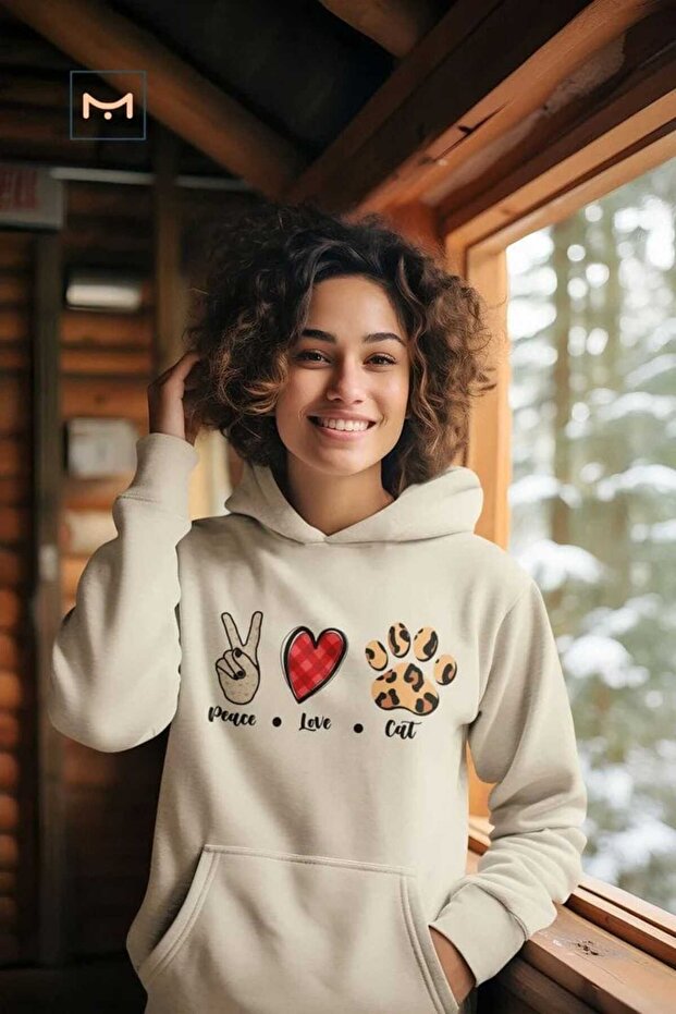 Unisex Beige Oversize Hooded Sweatshirt with Kangaroo Pocket, 3 Thread Raster Hoodie