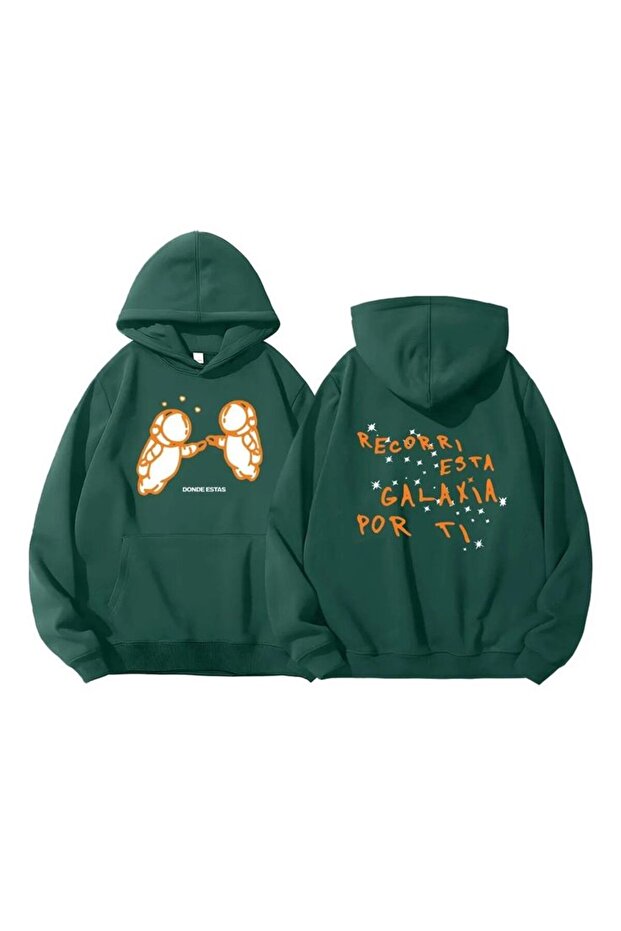 Unisex Green 3 Thread Threaded Oversize Hooded Sweatshirt Basic Comfortable Cut