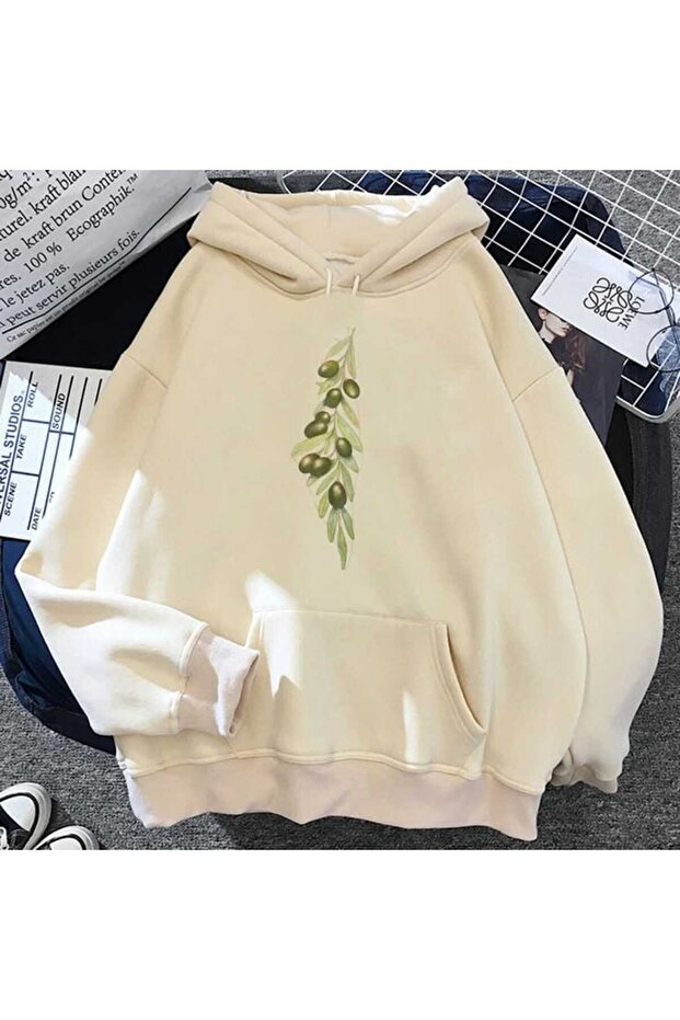 Unisex Beige Hooded Oversize Sweatshirt Comfortable Fit Cotton with Fleece Inside