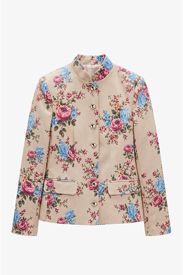 Dark Beige Rose Patterned Gold Buttoned Jacket