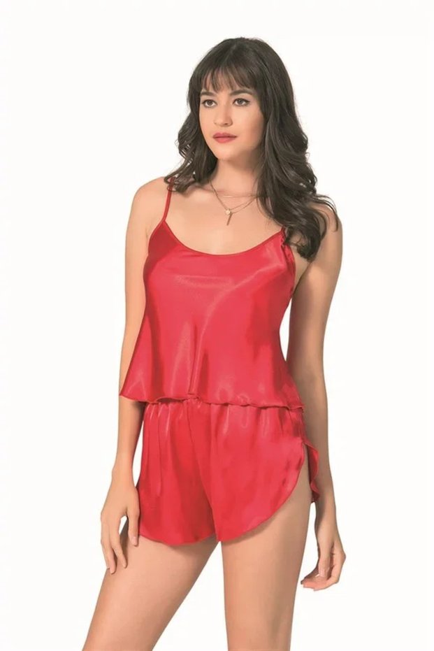 Stylish Design Soft Textured Red Satin Babydoll Shorts Set