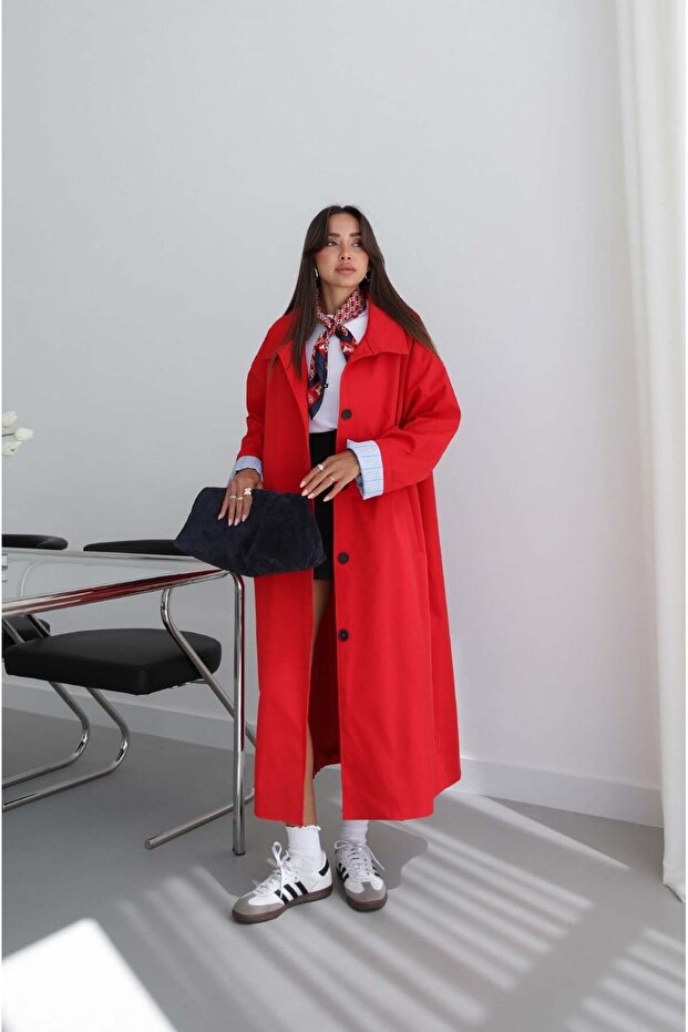 Red Trench Coat with Folded Sleeve Detail