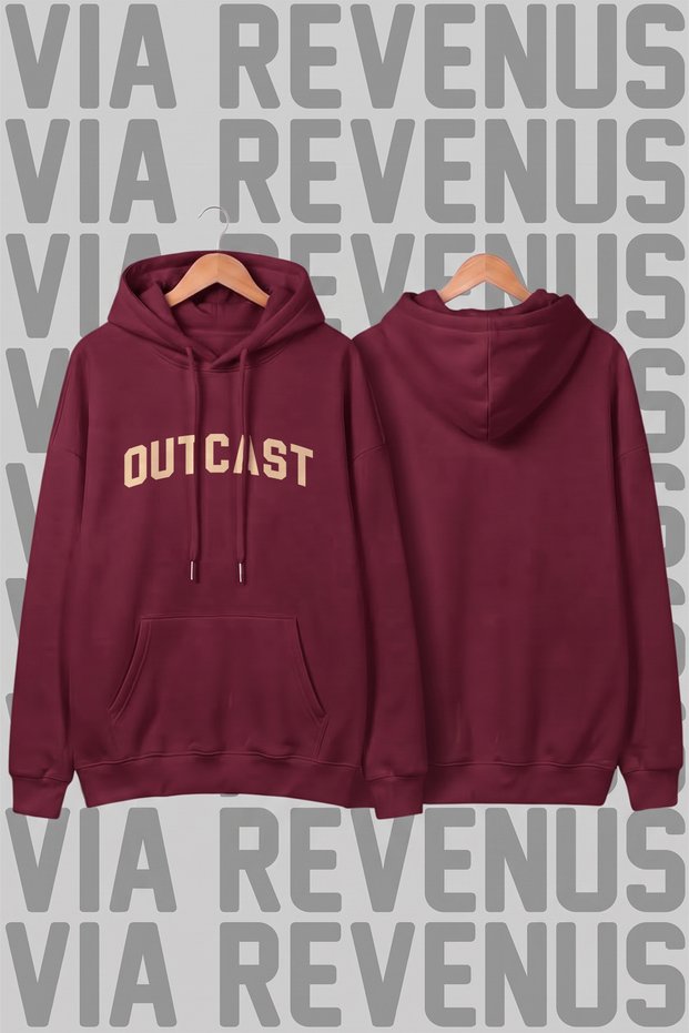 Outcast Printed Unisex Wide Fit Claret Red Hoodie Sweatshirt - 3 Thread Fleece Hood with Drawstring Detail
