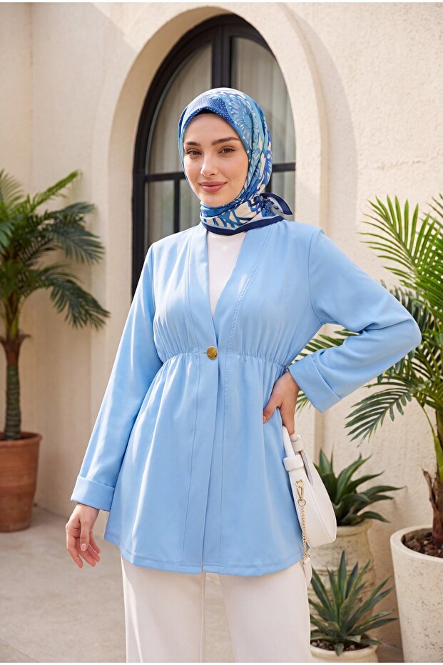 Elastic Waist, Folded Sleeves, Single Button Crepe Kimono - Baby Blue