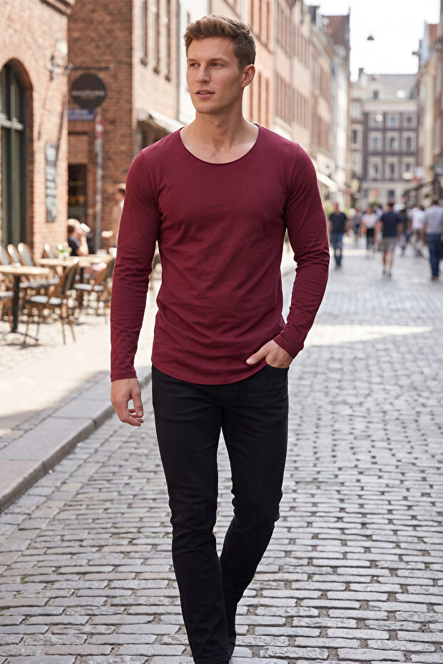 Men's Burgundy 95% Cotton Slim Fit Open Collar Lycra Combed Cotton Sweatshirt Oval Cut 2602299