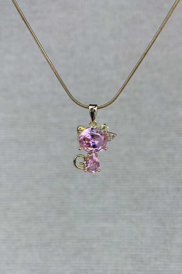 Pink Stone Cat Necklace, Guaranteed Not to Tarnish and Rust, Anti-Allergic, 45 cm