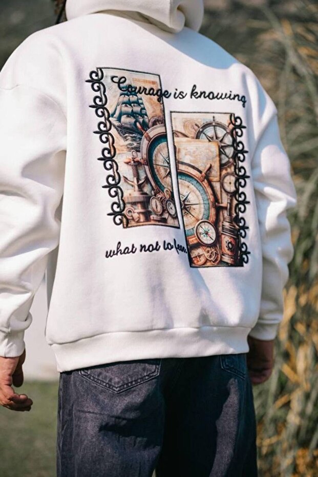 White Unisex Oversize 3 Thread Threaded Printed Hooded Sweatshirt with Kangaroo Pocket