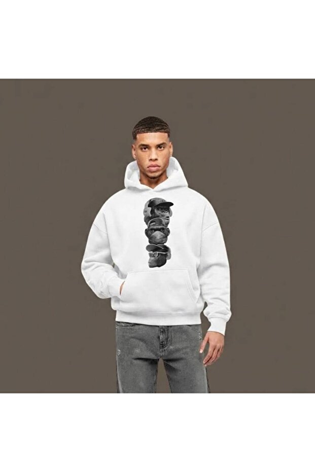Unisex Oversize 3 Thread Raster Printed Hooded Sweatshirt with Kangaroo Pockets "Monkey Figures with Headphones and Hats"