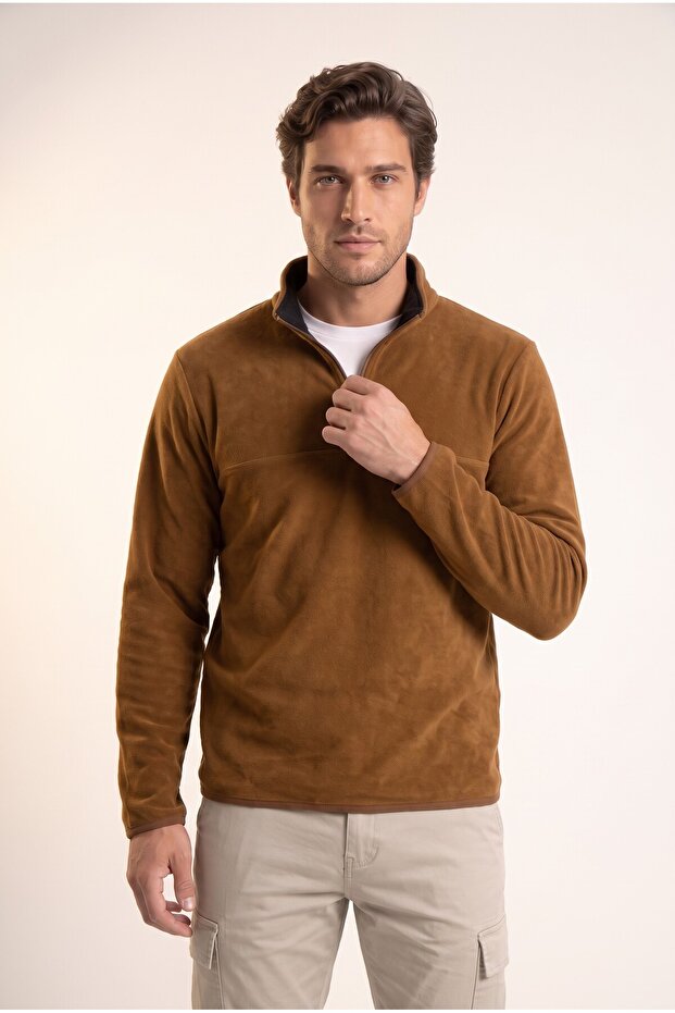 Men's Brown 6240 Basic Stand Collar Fleece Sweatshirt